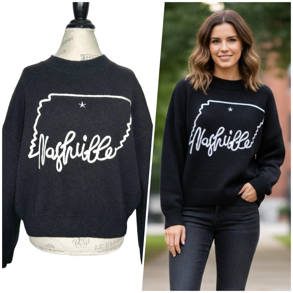 Arula | Women | Black Knit Nashville Tennessee Mock Neck LS Sweater | Sz X-XL